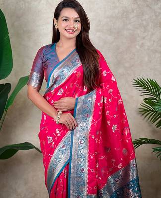 pink banarasi silk saree with zari meenakari work 4