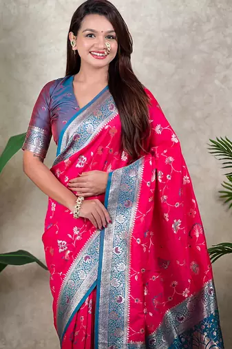 pink banarasi silk saree with zari meenakari work