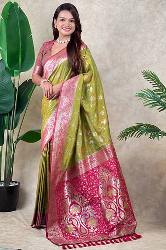 Green banarasi silk zari woven saree with contrast blouse piece