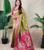 green banarasi silk saree with zari meenakari work