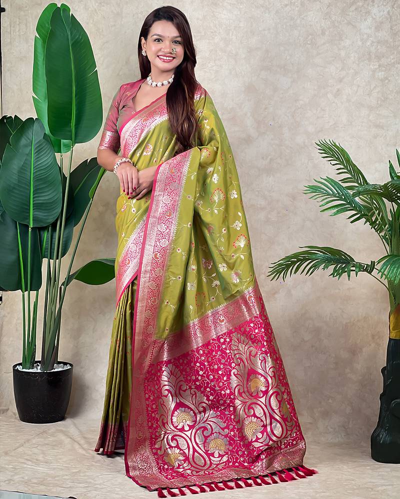 Green banarasi silk zari woven saree with contrast blouse piece