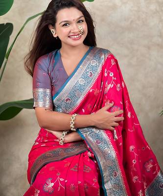 pink banarasi silk saree with zari meenakari work 5