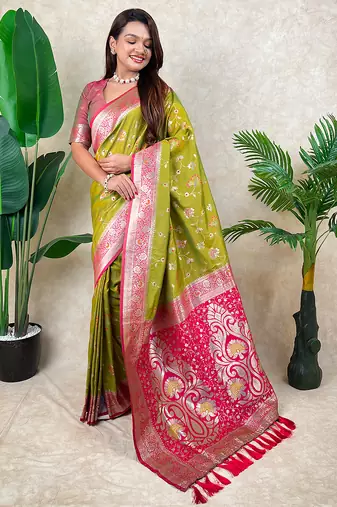 green banarasi silk saree with zari meenakari work