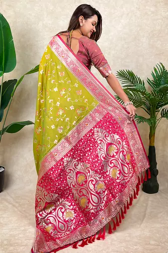 green banarasi silk saree with zari meenakari work