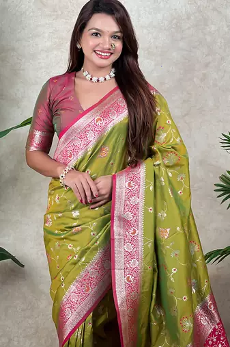 green banarasi silk saree with zari meenakari work