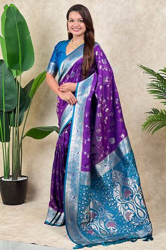 Purple banarasi silk zari woven saree with contrast blouse piece