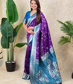 purple banarasi silk saree with zari woven work
