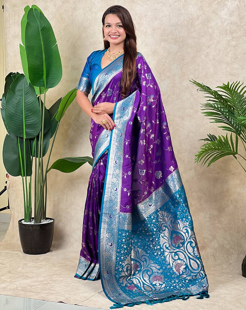 Purple banarasi silk zari woven saree with contrast blouse piece