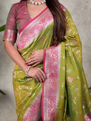 green banarasi silk saree with zari meenakari work 5
