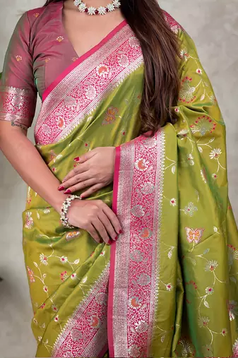 green banarasi silk saree with zari meenakari work