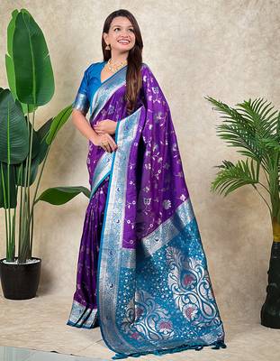 purple banarasi silk saree with zari woven work 2
