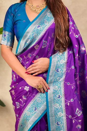 purple banarasi silk saree with zari woven work