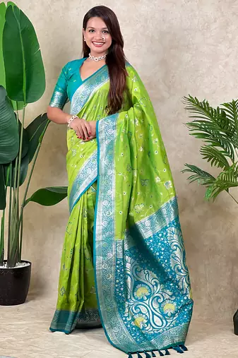 Light green banarasi silk zari woven saree with contrast blouse piece