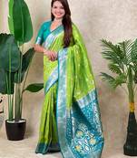 light green banarasi silk saree with zari floral motifs