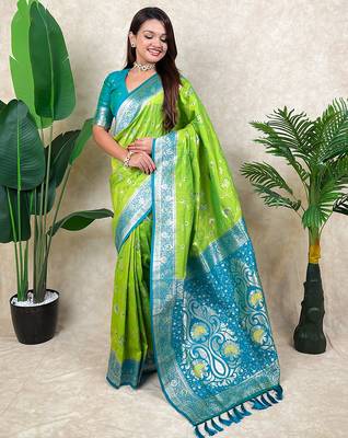 light green banarasi silk saree with zari floral motifs 2