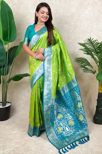 light green banarasi silk saree with zari floral motifs