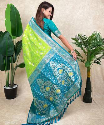 light green banarasi silk saree with zari floral motifs 3