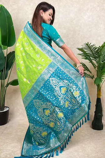 light green banarasi silk saree with zari floral motifs