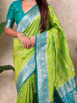 light green banarasi silk saree with zari floral motifs 4