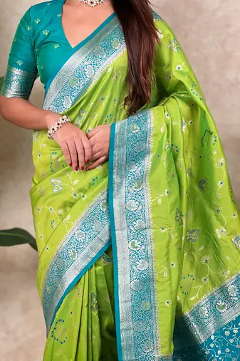 light green banarasi silk saree with zari floral motifs
