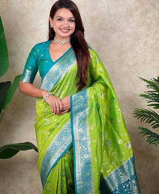 light green banarasi silk saree with zari floral motifs 5