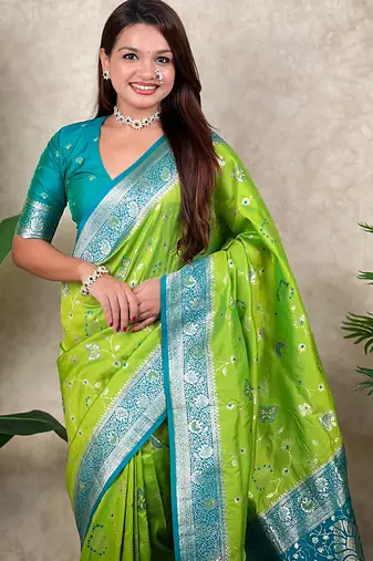 light green banarasi silk saree with zari floral motifs