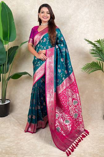 Teal banarasi silk zari woven saree with contrast blouse piece