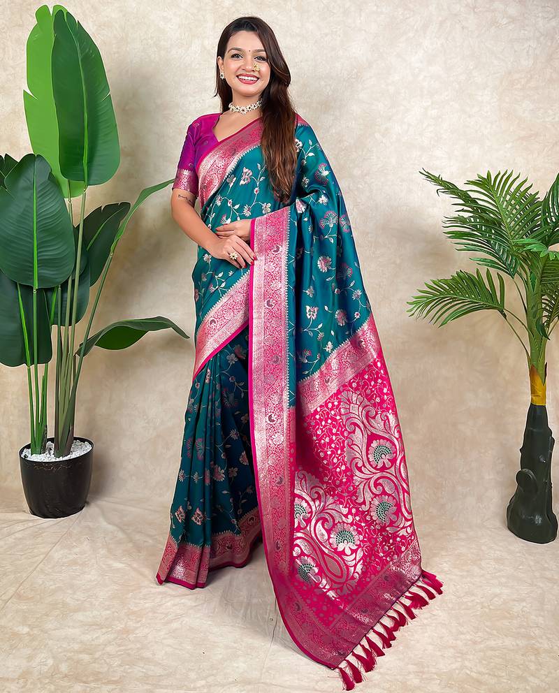 Teal banarasi silk zari woven saree with contrast blouse piece