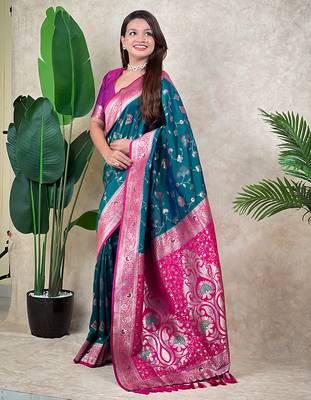 teal banarasi silk saree with zari woven work 2