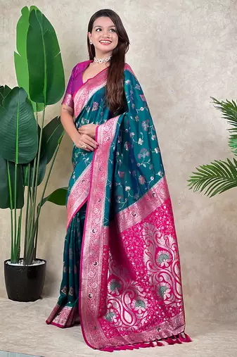 teal banarasi silk saree with zari woven work