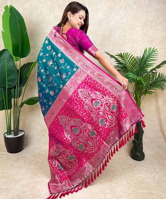 teal banarasi silk saree with zari woven work 3