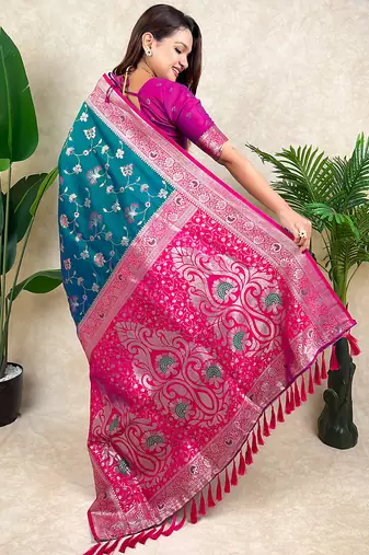 teal banarasi silk saree with zari woven work