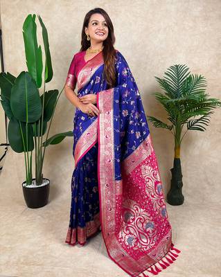 blue banarasi silk saree with zari floral motifs 1