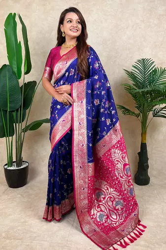Blue banarasi silk zari woven saree with contrast blouse piece