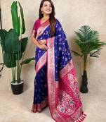 blue banarasi silk saree with zari floral motifs