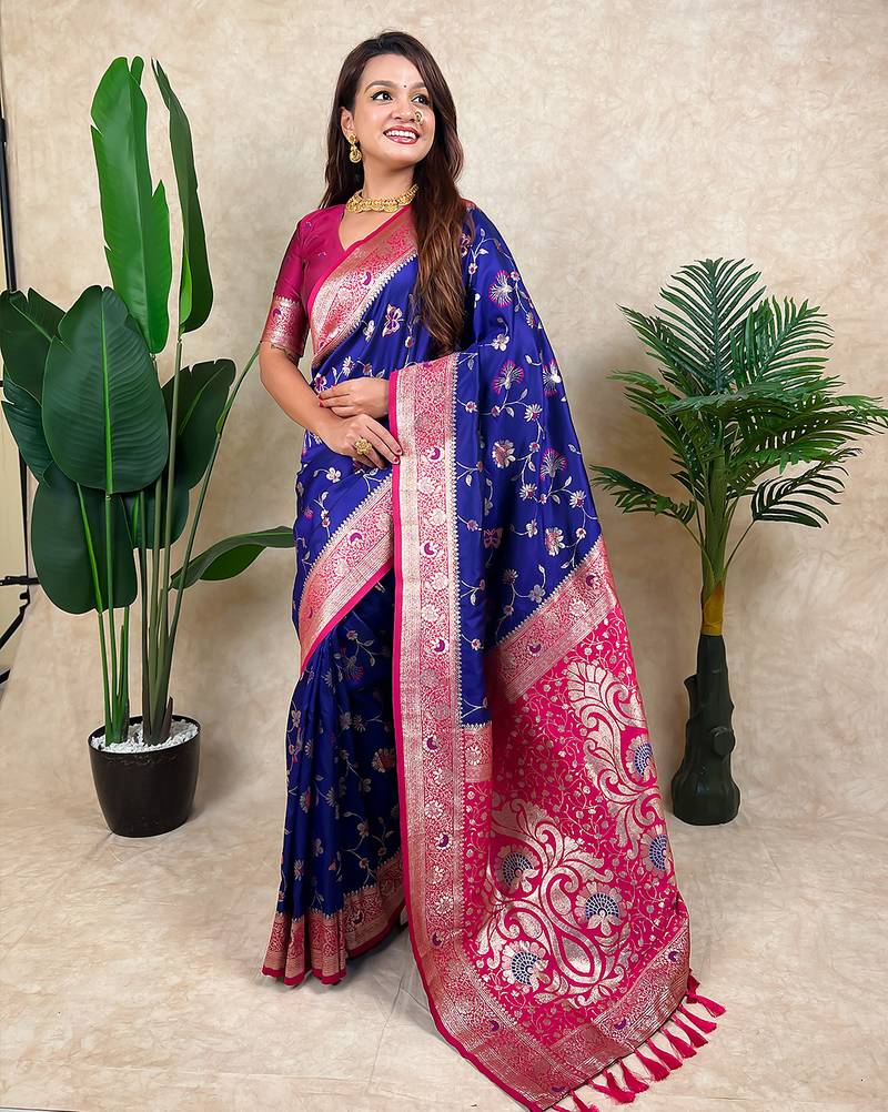 Blue banarasi silk zari woven saree with contrast blouse piece