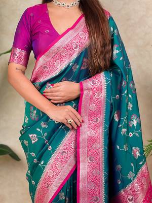 teal banarasi silk saree with zari woven work 5