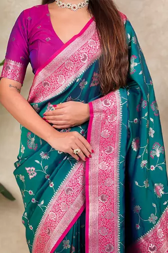 teal banarasi silk saree with zari woven work