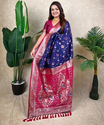 blue banarasi silk saree with zari floral motifs 3