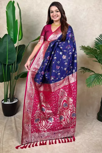 blue banarasi silk saree with zari floral motifs
