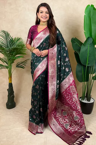 Green banarasi silk zari woven saree with contrast blouse piece