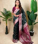 green banarasi silk saree with zari floral motifs