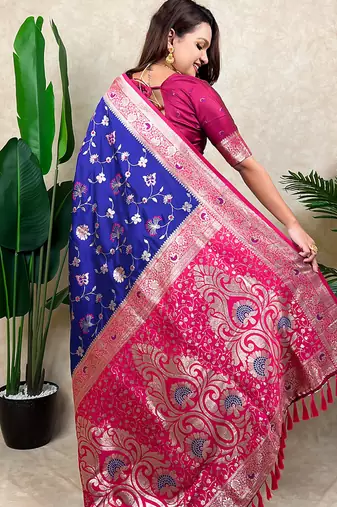 blue banarasi silk saree with zari floral motifs
