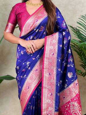 blue banarasi silk saree with zari floral motifs 5