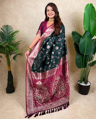 green banarasi silk saree with zari floral motifs 2