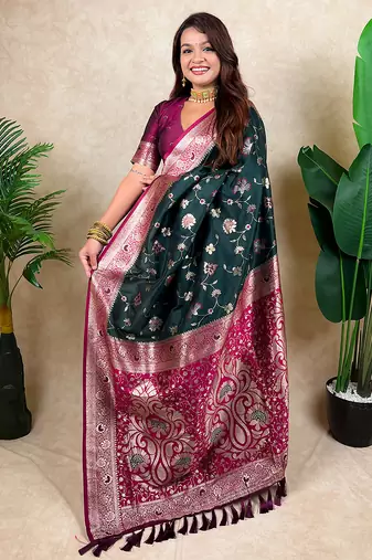green banarasi silk saree with zari floral motifs