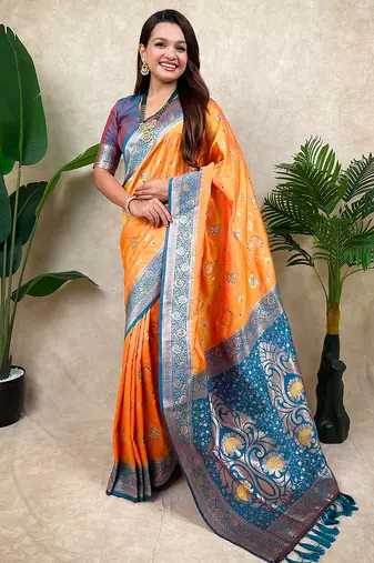 Orange banarasi silk zari woven saree with contrast blouse piece