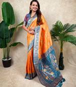 orange banarasi silk saree with zari woven work