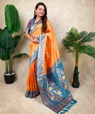 orange banarasi silk saree with zari woven work 2