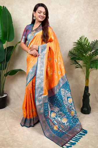 orange banarasi silk saree with zari woven work